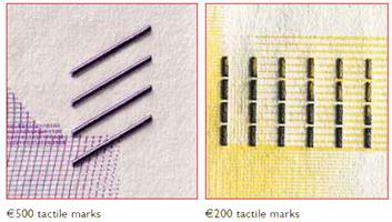 Tactile marks on 200 and 500 euro banknotes