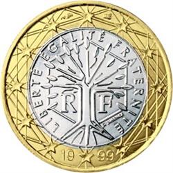 Obverse of France 1 euro 2002 - A stylised tree with the motto Liberte Egalite Fraternite