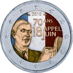 Obverse of France 2 euros 2010 - 70th Anniversary of General De Gaulle's Appeal of 18 June