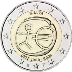 Obverse of Malta 2 euros 2009 - 10th anniversary of the EMU and the birth of the euro