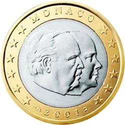 Obverse of Monaco 1 euro 2002 - Sovereign Prince Rainier III and Hereditary Prince Albert II