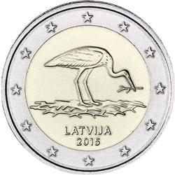 Obverse of Latvia 2 euros 2015 - Black stork protection plan
