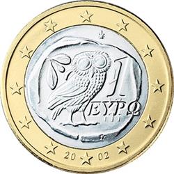 Obverse of Greece 1 euro 2002 - Owl