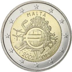Obverse of Malta 2 euros 2012 - 10 years of euro banknotes and coins