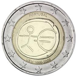 Obverse of Portugal 2 euros 2009 - 10th anniversary of the EMU and the birth of the euro